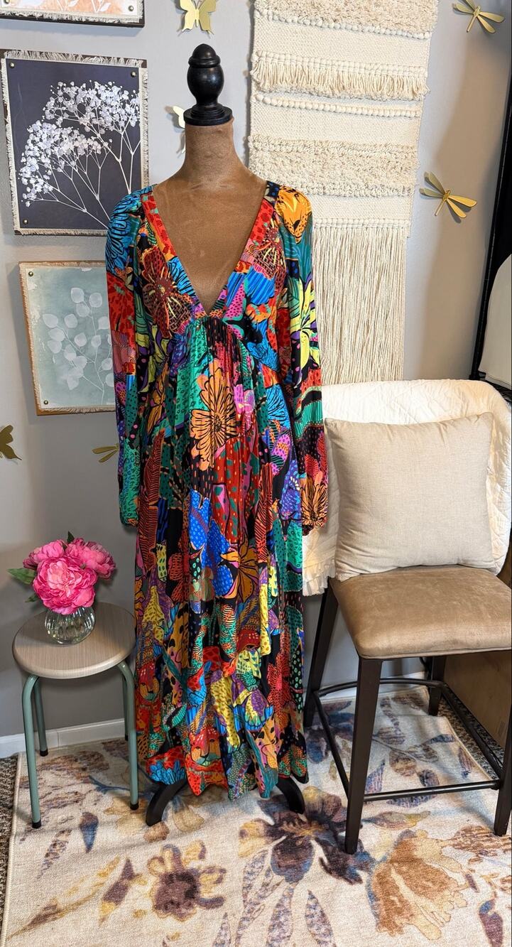 FARM Rio Colorful Patchwork Print Maxi Dress Size S Vaca Cruise Resort Ready